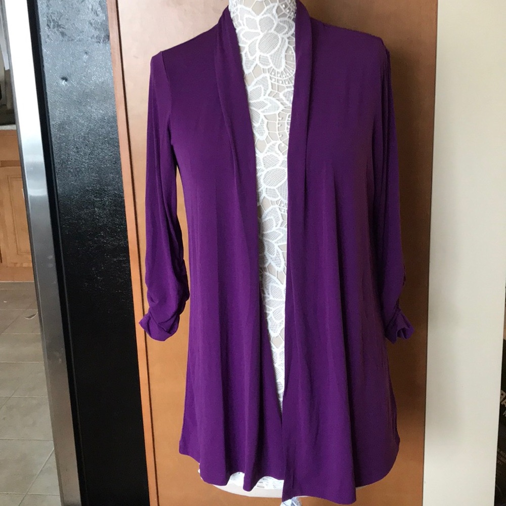 Susan Graver purple open cardigan